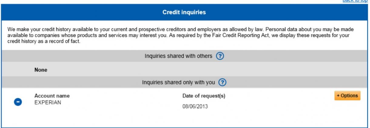 Screenshot of a Credit Report focusing on Credit Inquiries