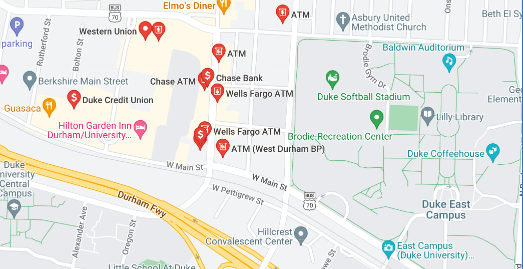 Map view of banks near East Campus