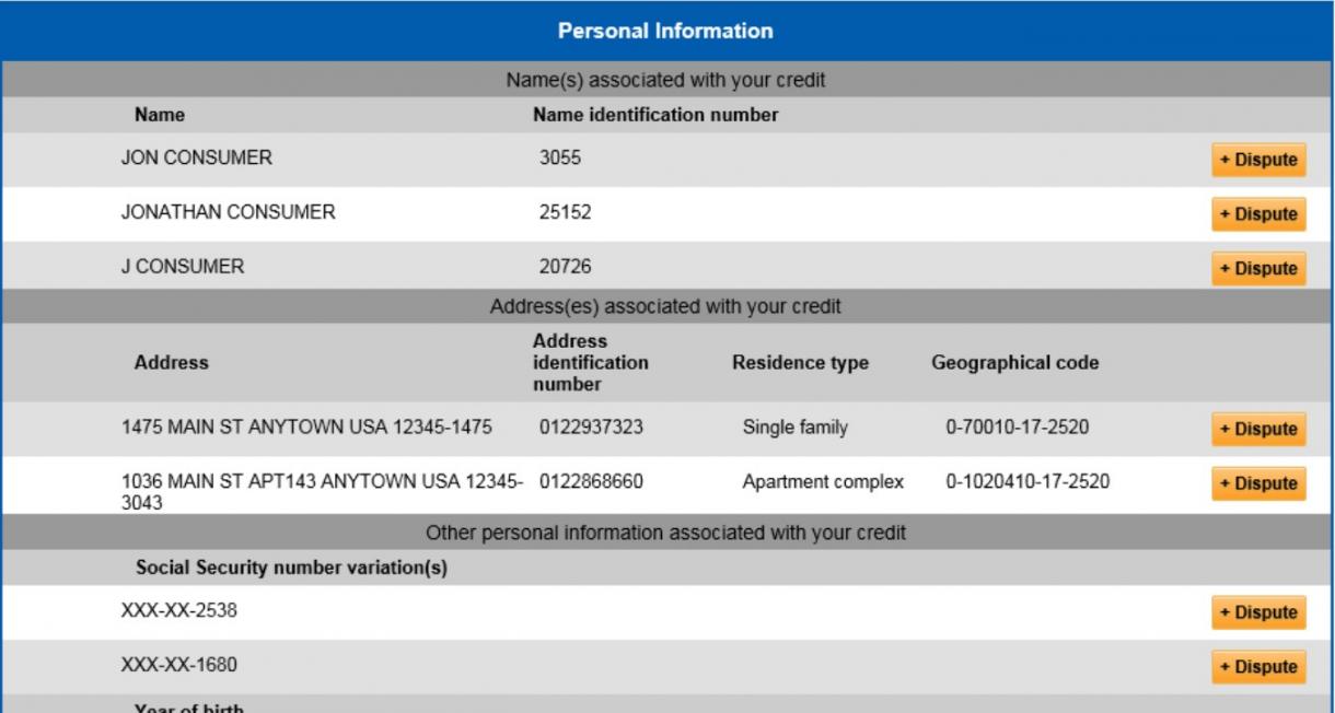 Screenshot of a Credit Report focusing on Personal Information